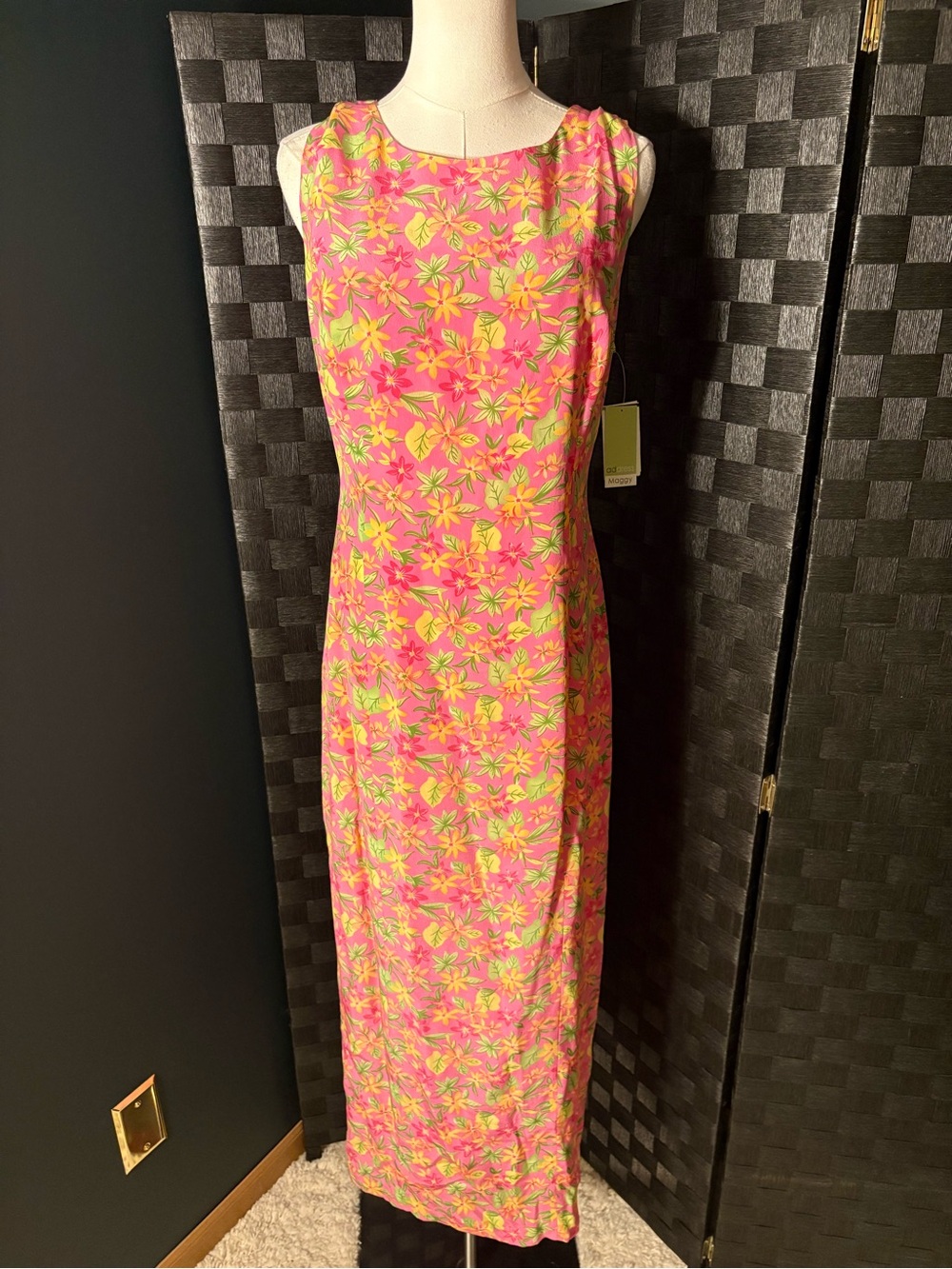 Vtg 1990s Address Maggy Bright Tropical Floral Maxi Silk Column Dress